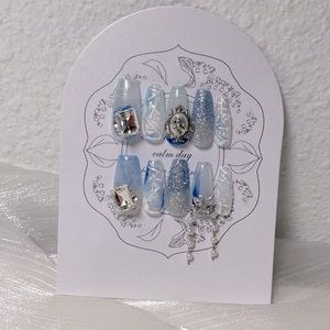 Reusable blue glitter diamond and pearl handmade press on nail fake nail
